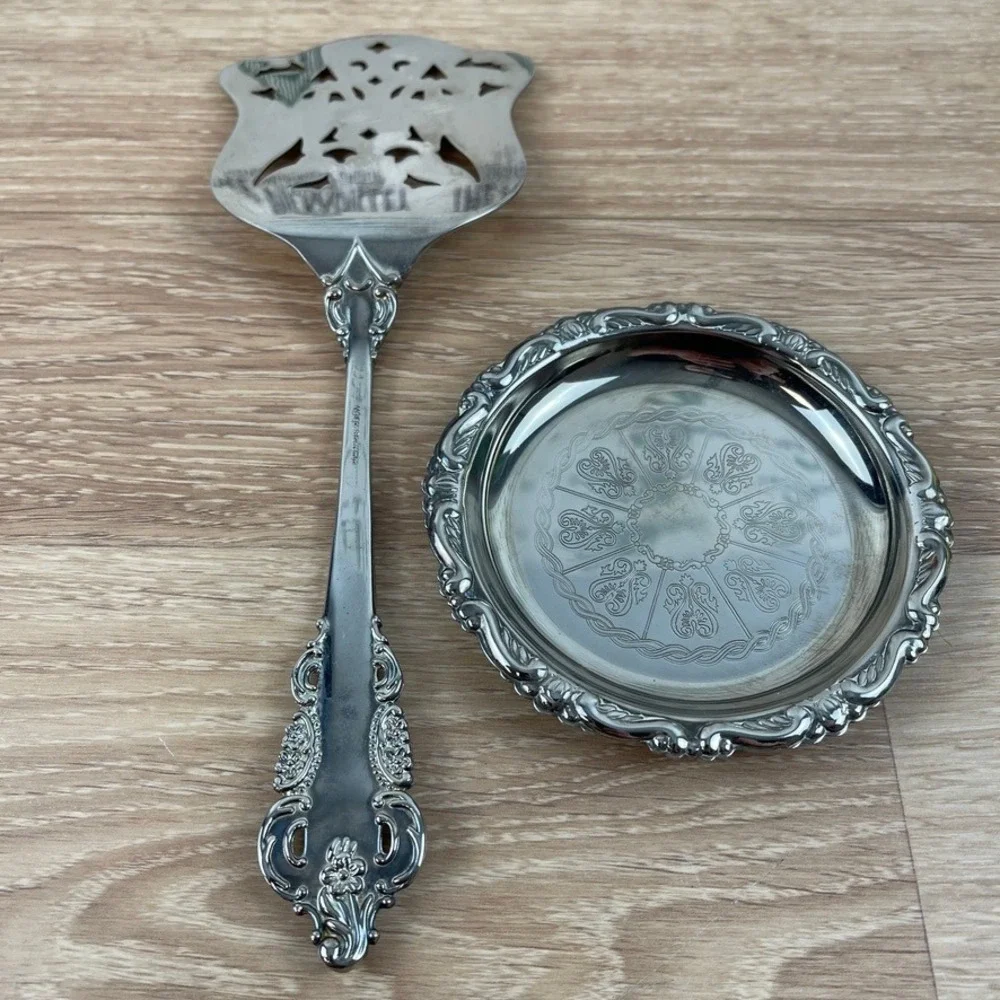 Vintage Silver Plated Ornate Floral Cake Server and Coaster Set Pierced Blade